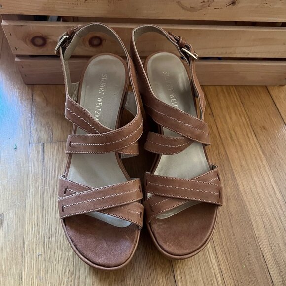 Stuart Weitzman Size 8.5 Brown Leather Strappy Slingback Wedge Heel Sandals - Picture 3 of 16